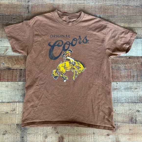 Vintage Original Coors Cowboy Graphic T-Shirt Brown Large Short Sleeve Cotton U - Picture 1 of 6